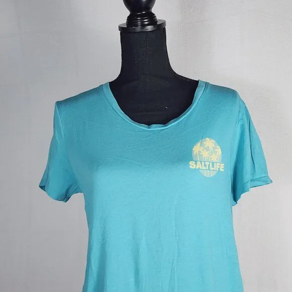 Salt Life Live Salty Pastel Green Yellow Cotton Cap Sleeve Palm Promenade Tee M - Picture 4 of 16